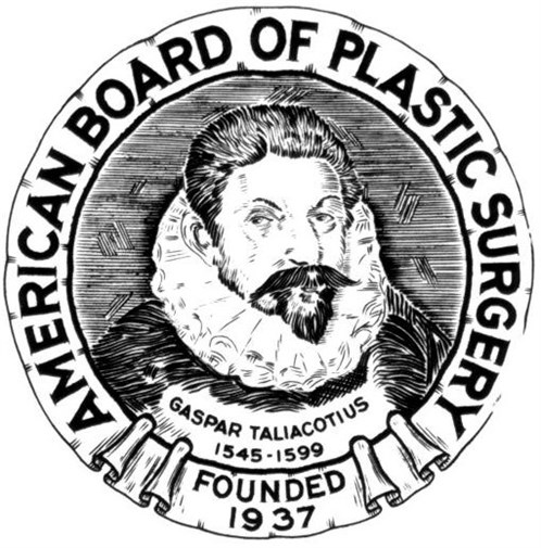 Seal of the American Board of Plastic Surgery with a portrait of Gaspare Tagliacozzi, founder 1937, and founding years 1545–1599 around the edge.
